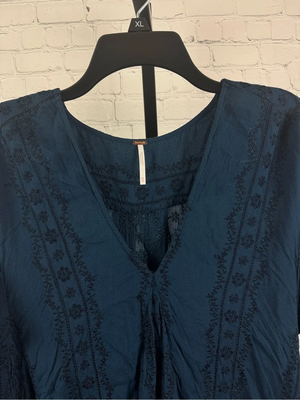 Free People Bohemian Teal Blue Tunic Top with Intricate Embroidery Size XS